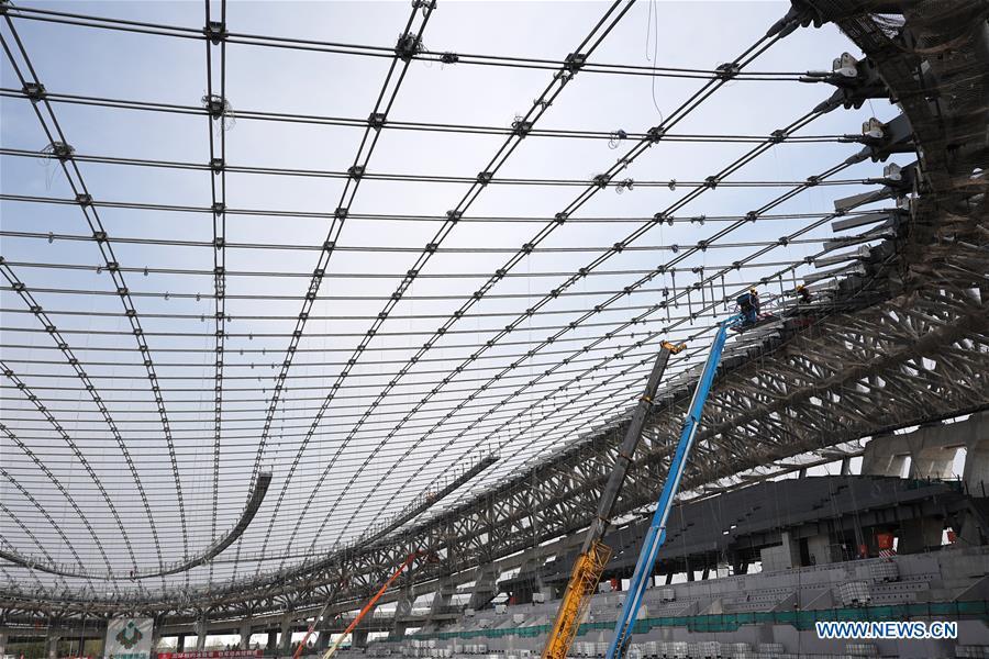 Photo taken on April 8, 2019 shows the construction site of the National Speed Skating Oval, the venue for speed skating events at the 2022 Winter Olympic Games, in Beijing, China. (Xinhua/Ju Huanzong)