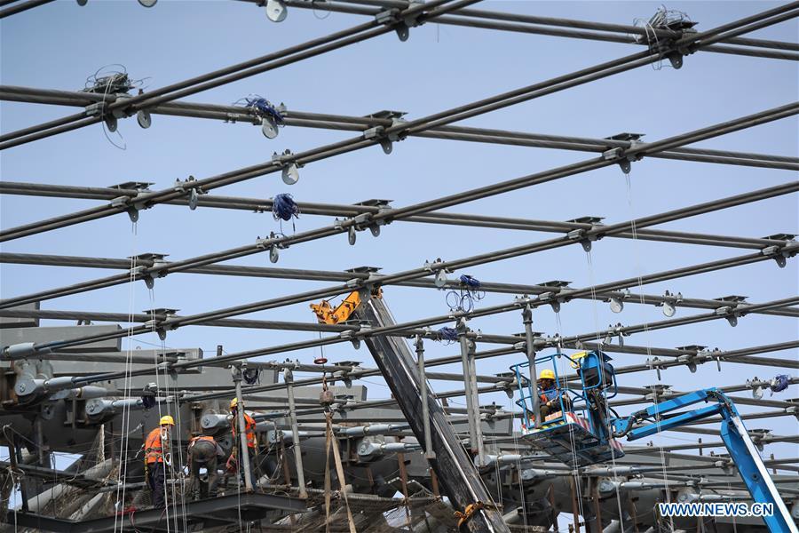 Photo taken on April 8, 2019 shows the construction site of the National Speed Skating Oval, the venue for speed skating events at the 2022 Winter Olympic Games, in Beijing, China. (Xinhua/Ju Huanzong)