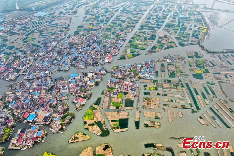 An aerial view of colorful fields crisscrossed by water in a rural area in Xinghua City, East China\'s Jiangsu Province, April 10, 2019. Locals have a tradition of digging mud from trenches or small rivers to form small plots of land. (Photo: China News Service/Yang Bo)