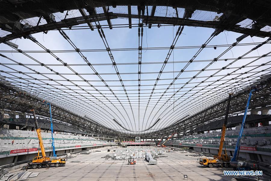 Photo taken on April 8, 2019 shows the construction site of the National Speed Skating Oval, the venue for speed skating events at the 2022 Winter Olympic Games, in Beijing, China. (Xinhua/Ju Huanzong)