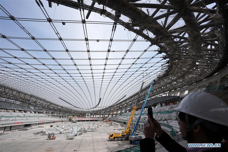 Photo taken on April 8, 2019 shows the construction site of the National Speed Skating Oval, the venue for speed skating events at the 2022 Winter Olympic Games, in Beijing, China. (Xinhua/Ju Huanzong)