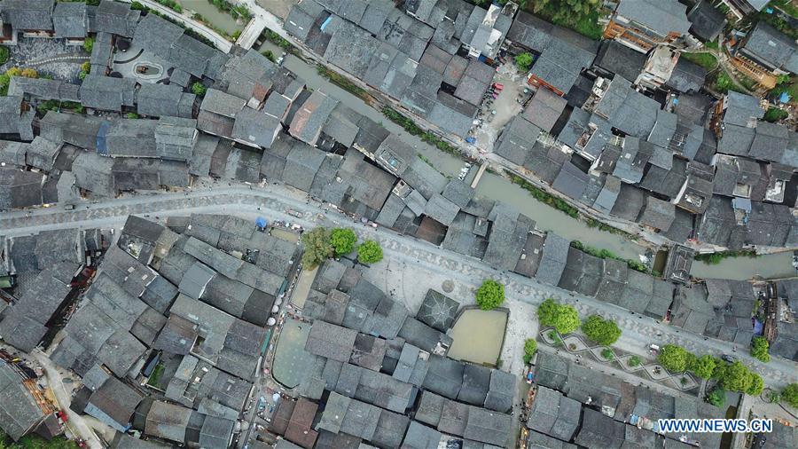 Aerial photo taken on April 14, 2019 shows the Dong village of Zhaoxing, Liping County, southwest China\'s Guizhou Province. (Xinhua/Ou Dongqu)