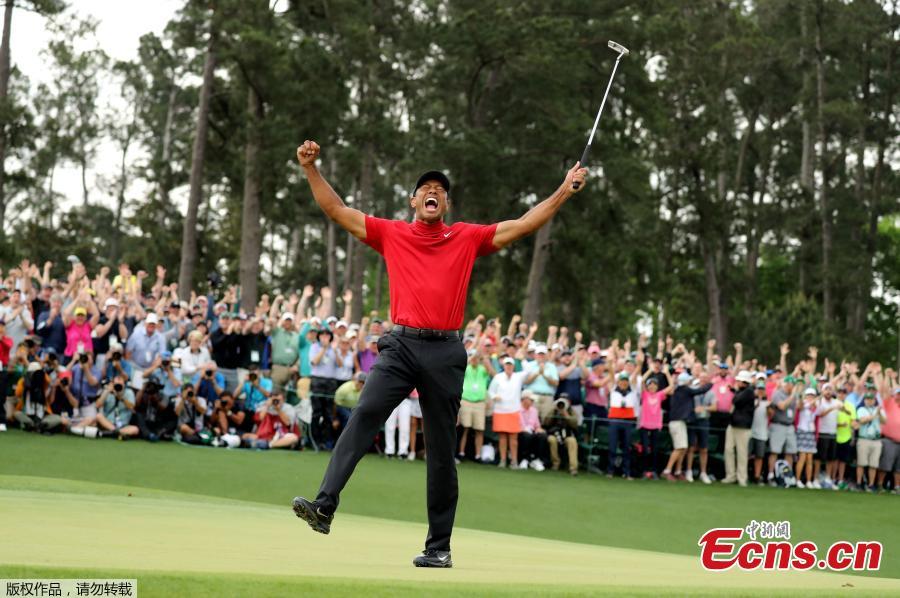 Tiger Woods celebrates after winning the 2019 Masters Tournament at Augusta National Golf Club in Augusta, Georgia, on April 14, 2019.  (Photo/Agencies)