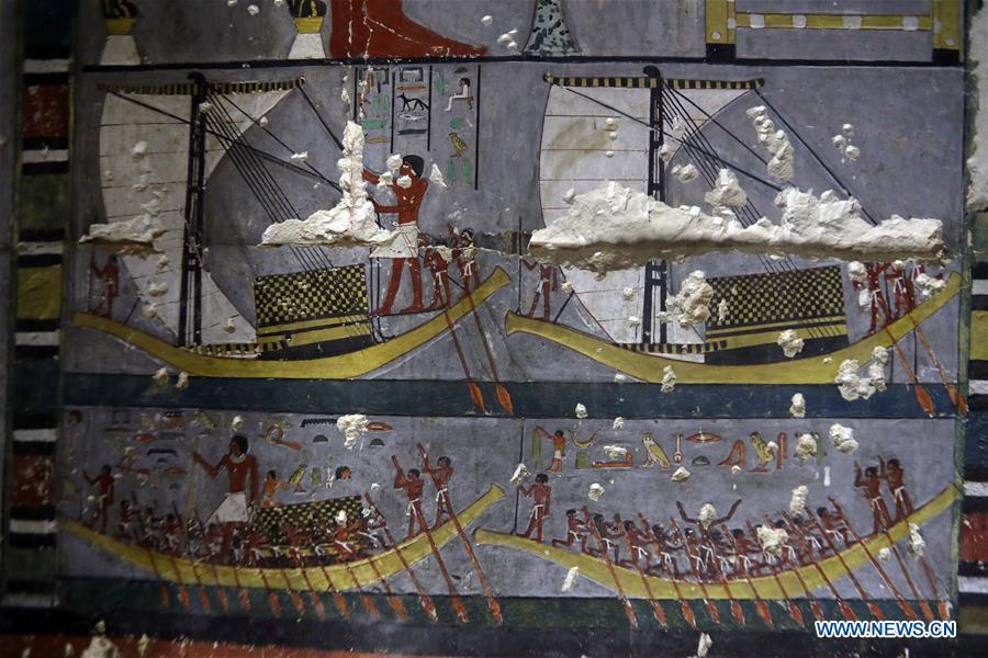 Photo taken on April 13, 2019 shows the paintings in a tomb in Saqqara, Egypt. Egyptian Ministry of Antiquities opened on Saturday a tomb of a Fifth Dynasty dignitary which was discovered recently at Saqqara Necropolis near the Giza pyramids. Minister of Antiquities Khaled al-Anany, along with 52 ambassadors and cultural attaches of foreign, Arab and African countries, toured Saqqara Necropolis to inspect the tomb of Khuwy, who lived at the end of the Fifth Dynasty of the Old Kingdom. The Old Kingdom of Egypt is the period spanning 2686 BC to 2181 BC, which is also known as the Age of the Pyramids. (Xinhua/Ahmed Gomaa)