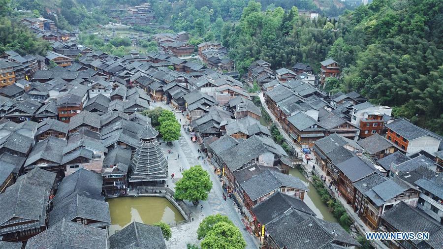 Aerial photo taken on April 14, 2019 shows the Dong village of Zhaoxing, Liping County, southwest China\'s Guizhou Province. (Xinhua/Ou Dongqu)