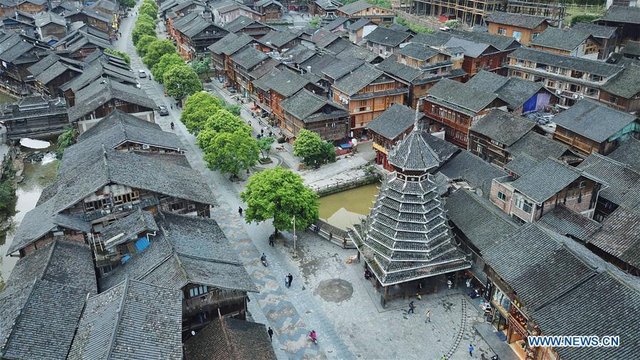 Aerial photo taken on April 14, 2019 shows the Dong village of Zhaoxing, Liping County, southwest China\'s Guizhou Province. (Xinhua/Ou Dongqu)