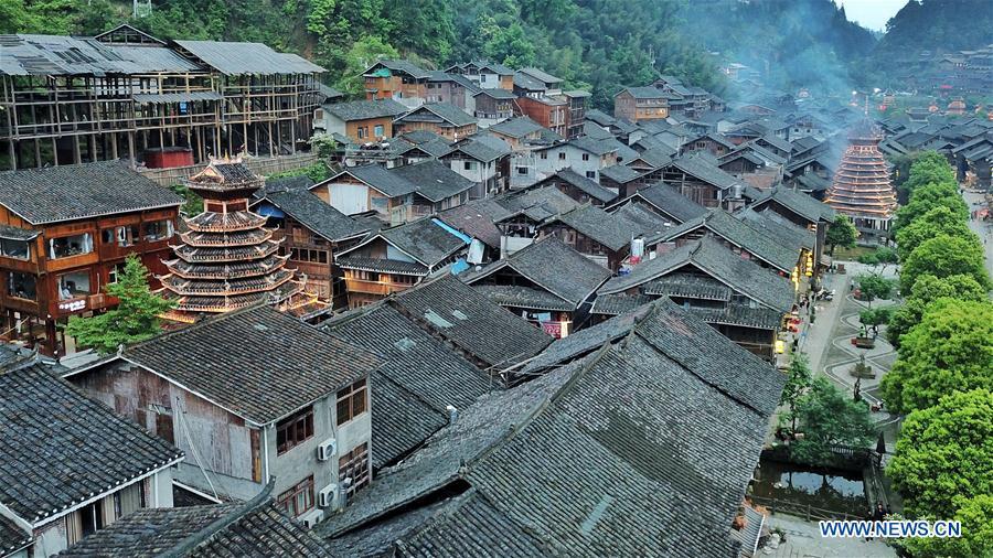 Aerial photo taken on April 14, 2019 shows the Dong village of Zhaoxing, Liping County, southwest China\'s Guizhou Province. (Xinhua/Ou Dongqu)