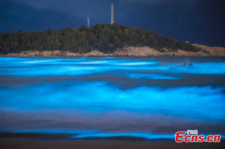 Image taken on April 14, 2019 shows a striking blue algae bloom near Changle Airport in Fuzhou City, Fujian Province. The fluorescent blue glow is natural, powered by a bloom of Noctiluca scintillans, commonly known as \