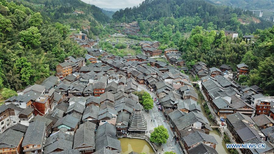Aerial photo taken on April 14, 2019 shows the Dong village of Zhaoxing, Liping County, southwest China\'s Guizhou Province. (Xinhua/Ou Dongqu)