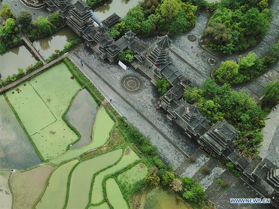 Aerial photo taken on April 14, 2019 shows the Dong village of Zhaoxing, Liping County, southwest China\'s Guizhou Province. (Xinhua/Ou Dongqu)