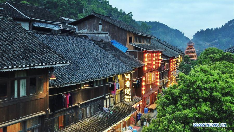 Aerial photo taken on April 14, 2019 shows the Dong village of Zhaoxing, Liping County, southwest China\'s Guizhou Province. (Xinhua/Ou Dongqu)