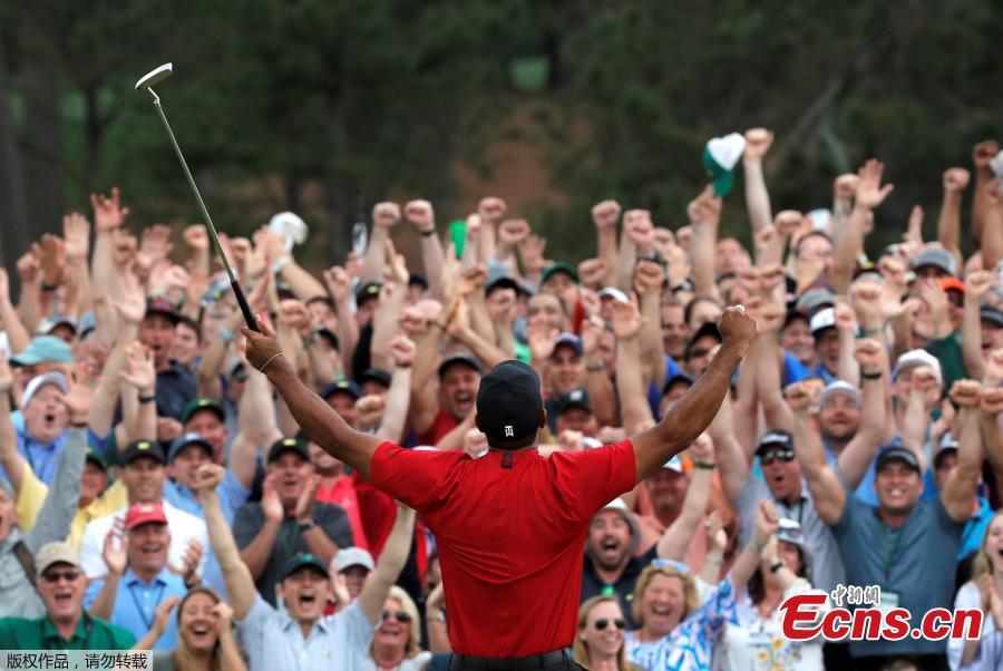 The patrons roar as Tiger Woods sinks his par putt to win the Masters at Augusta National Golf Club in Augusta, Georgia, on April 14, 2019. (Photo/Agencies)
