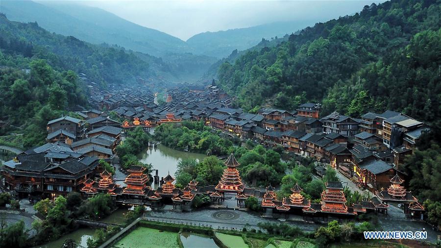 Aerial photo taken on April 14, 2019 shows the Dong village of Zhaoxing, Liping County, southwest China\'s Guizhou Province. (Xinhua/Ou Dongqu)