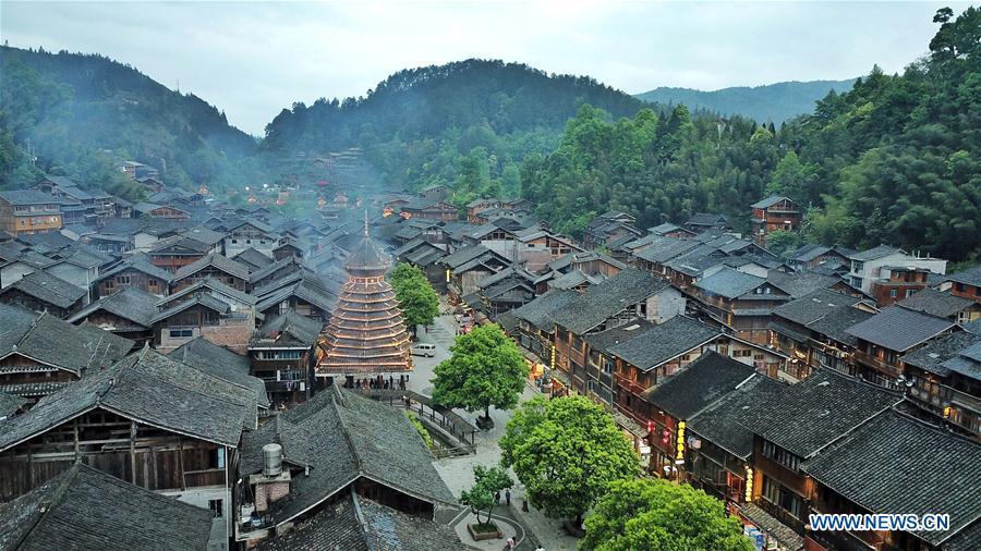 Aerial photo taken on April 14, 2019 shows the Dong village of Zhaoxing, Liping County, southwest China\'s Guizhou Province. (Xinhua/Ou Dongqu)