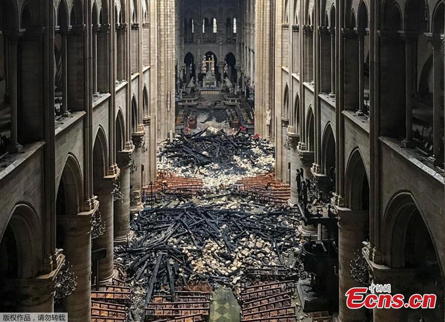 Photo taken on April 16, 2019 shows an interior view of the Notre-Dame Cathedral in Paris in the aftermath of a fire that devastated the cathedral. (Photo/Agencies)