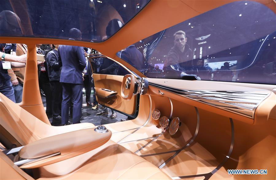 The interior of Genesis Mint, an all-new concept electric car, is seen during the media preview of the 2019 New York International Auto Show in New York, the United States, April 17, 2019. The 2019 New York International Auto Show will be open to public on Friday. (Xinhua/Wang Ying)