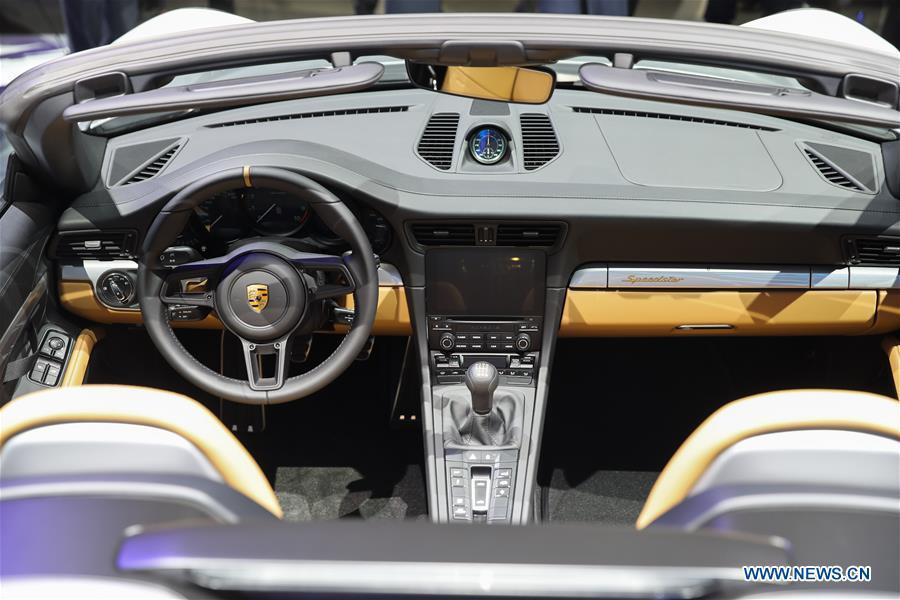 Porsche 911 Speedster is seen during the media preview of the 2019 New York International Auto Show in New York, the United States, April 17, 2019. The 2019 New York International Auto Show will be open to public on Friday. (Xinhua/Wang Ying)
