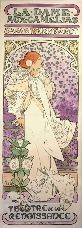 A poster for La Dame aux Camelias from 1896(color lithograph). (Photo provided to China Daily)

As part of the contract, Mucha produced six more posters for her productions, including La Dame aux Camelias and Lorenzaccio, which are also being displayed at the exhibition.

\
