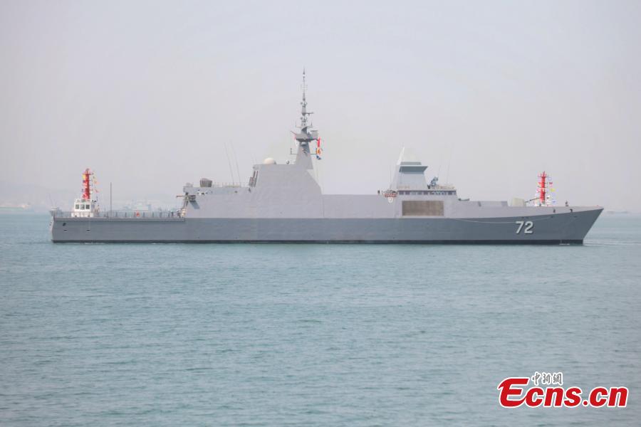 A Republic of Singapore Navy frigate arrives in Dagang port in Qingdao, Shandong Province to attend the multinational navy event to mark the 70th founding anniversary of the Chinese People\'s Liberation Army (PLA) Navy, April 19, 2019. (Photo/China News Service)

It is the first foreign warship to reach the port city ahead of the multinational naval event scheduled for April 23.