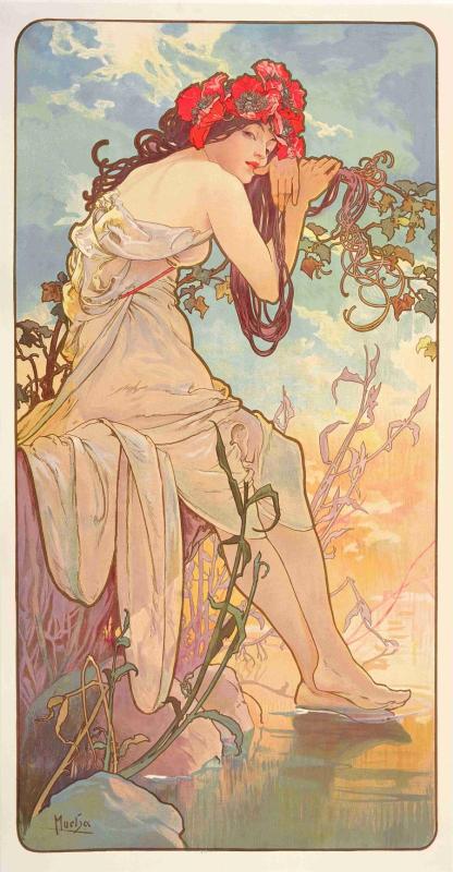 The Seasons: Summer from 1896(color lithograph). (Photo provided to China Daily)
A new exhibition in Shanghai commemorates Alphonse Mucha\'s greatest creations and explores the motivations behind his pieces.

Celebrated Czech artist Alphonse Mucha\'s art collection is now being showcased at the Pearl Art Museum in Shanghai, featuring over 230 original works of art by the maestro, the biggest ever Mucha exhibition in China, according to the organizers.

Held through July 21, the Mucha exhibition is jointly curated by the Pearl Art Museum and the Mucha Foundation in Prague. According to the organizers, the Shanghai exhibition showcases an even greater number of works compared to the previous exhibition in Paris last year.

Besides his famous Art Nouveau posters, decorations and jewelry, the exhibition also features Mucha\'s drawings, paintings, photographs, book designs and personal belongings. Some of the works are being displayed for the first time.