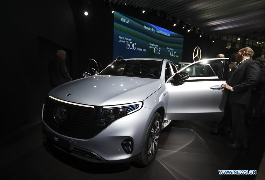 The electronic powered new Mercedes-Benz EQC Edition 1886 is seen during the media preview of the 2019 New York International Auto Show in New York, the United States, April 17, 2019. The 2019 New York International Auto Show will be open to public on Friday. (Xinhua/Wang Ying)