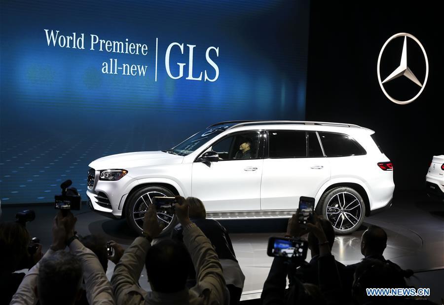The new Mercedes-Benz GLS is seen during the media preview of the 2019 New York International Auto Show in New York, the United States, April 17, 2019. The 2019 New York International Auto Show will be open to public on Friday. (Xinhua/Wang Ying)