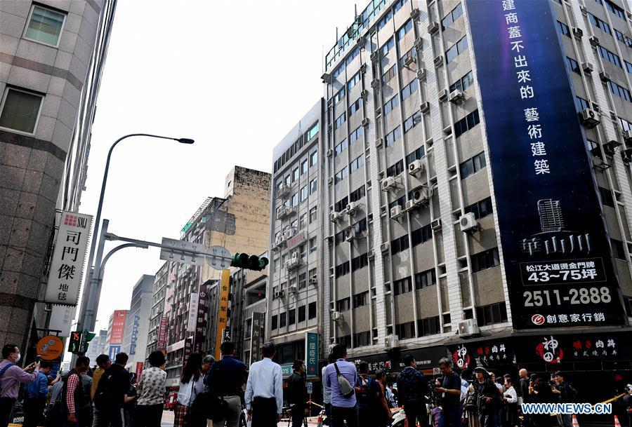 Buildings slightly lean after a 6.7-magnitude earthquake jolted a sea area near Hualien County in Taiwan on April 18, 2019. A 6.7 magnitude earthquake jolted a sea area near Hualien County in Taiwan at 1:01 p.m. Thursday, according to the China Earthquake Networks Center (CENC). The epicenter was monitored at 24.02 degrees north latitude and 121.65 degrees east longitude, at a depth of 24 km, the center said. No immediate casualties were reported. (Xinhua/Zhang Guojun)
