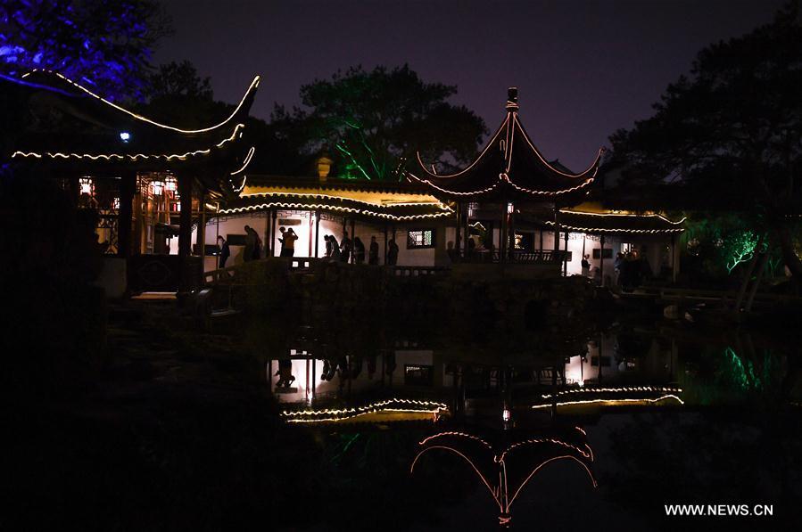 Photo taken on April 18, 2019 shows the night scenery of the Master-of-Nets Garden in Suzhou, east China\'s Jiangsu Province. Suzhou is home to dozens of famous classical gardens that have inventive and exquisite design and oriental aesthetics. Nowadays more than 60 of them are still in existence, among which the Humble Administrator\'s Garden, Lingering Garden and the Lion Grove Garden are on the UNESCO\'s World Heritage List. (Xinhua/Li Xiang)