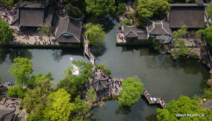 Aerial photo taken on April 17, 2019 shows the scenery of Humble Administrator\'s Garden in Suzhou, east China\'s Jiangsu Province. Suzhou is home to dozens of famous classical gardens that have inventive and exquisite design and oriental aesthetics. Nowadays more than 60 of them are still in existence, among which the Humble Administrator\'s Garden, Lingering Garden and the Lion Grove Garden are on the UNESCO\'s World Heritage List. (Xinhua/Li Xiang)