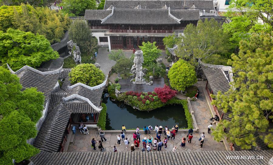 Aerial photo taken on April 18, 2019 shows the scenery of Lingering Garden in Suzhou, east China\'s Jiangsu Province. Suzhou is home to dozens of famous classical gardens that have inventive and exquisite design and oriental aesthetics. Nowadays more than 60 of them are still in existence, among which the Humble Administrator\'s Garden, Lingering Garden and the Lion Grove Garden are on the UNESCO\'s World Heritage List. (Xinhua/Li Xiang)