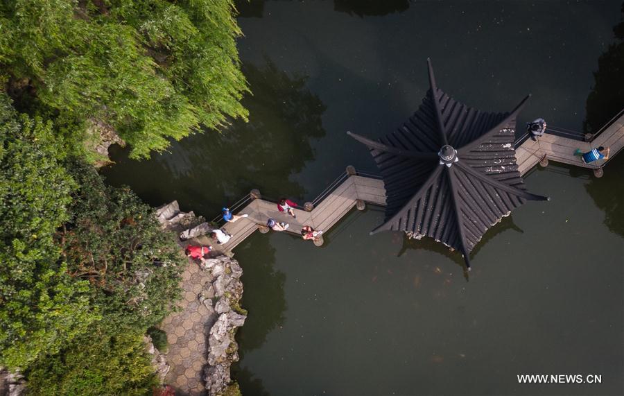 Aerial photo taken on April 17, 2019 shows the scenery of the Lion Forest Garden in Suzhou, east China\'s Jiangsu Province. Suzhou is home to dozens of famous classical gardens that have inventive and exquisite design and oriental aesthetics. Nowadays more than 60 of them are still in existence, among which the Humble Administrator\'s Garden, Lingering Garden and the Lion Grove Garden are on the UNESCO\'s World Heritage List. (Xinhua/Li Xiang)