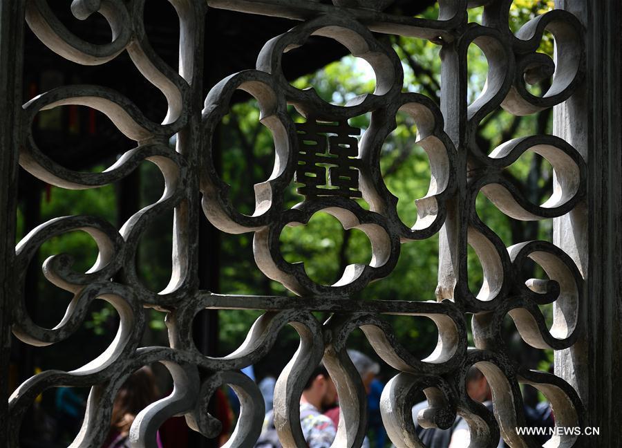 Photo taken on April 17, 2019 shows the decorations in Humble Administrator\'s Garden in Suzhou, east China\'s Jiangsu Province. Suzhou is home to dozens of famous classical gardens that have inventive and exquisite design and oriental aesthetics. Nowadays more than 60 of them are still in existence, among which the Humble Administrator\'s Garden, Lingering Garden and the Lion Grove Garden are on the UNESCO\'s World Heritage List. (Xinhua/Li Xiang)