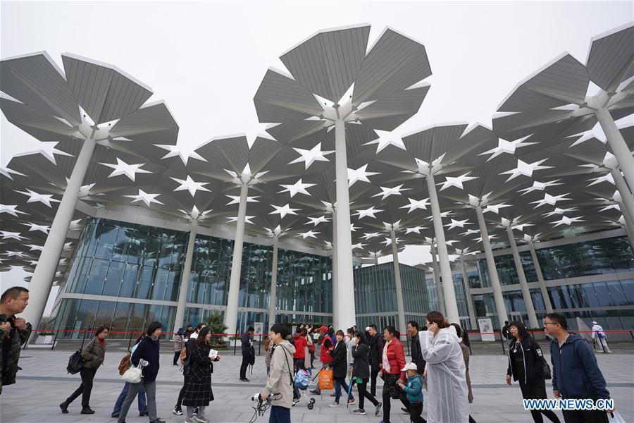 Visitors tour the International Pavilion of the 2019 Beijing International Horticultural Exhibition (Expo 2019 Beijing) during a trial run in Yanqing District of Beijing, capital of China, April 20, 2019. Beijing on Saturday held a trial opening of the site for the upcoming 2019 Beijing International Horticultural Exhibition to test the reception capacity of the event. About 60,000 people visited the 503-hectare expo site Saturday. (Xinhua/Ju Huanzong)
