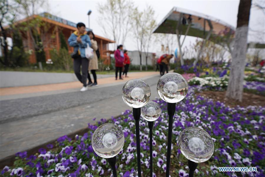 Visitors tour the site of the 2019 Beijing International Horticultural Exhibition (Expo 2019 Beijing) during a trial run in Yanqing District of Beijing, capital of China, April 20, 2019. Beijing on Saturday held a trial opening of the site for the upcoming 2019 Beijing International Horticultural Exhibition to test the reception capacity of the event. About 60,000 people visited the 503-hectare expo site Saturday. (Xinhua/Ju Huanzong)