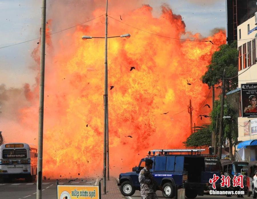 Photo shows a bomb exploded in Colomb as another bomb was getting defused near a bomb site, April 22, 2019.  This was the ninth explosion since Sunday. (Photo/Agencies)