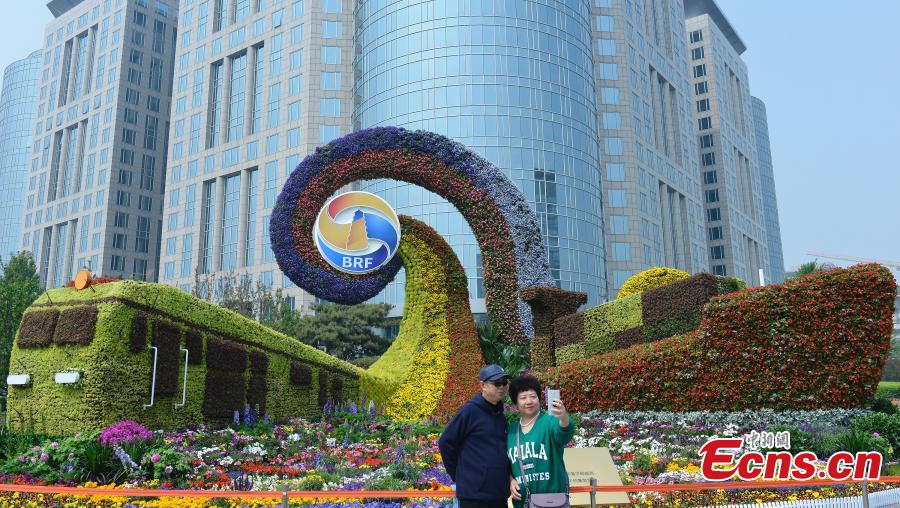 Decorative floral arrangements are installed all over Beijing to welcome the second Belt and Road Forum for International Cooperation (BRF), April 22, 2019. The theme of the second BRF, to be held from April 25 to 27, is, \