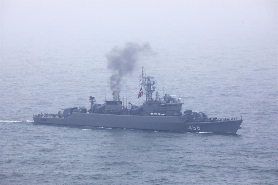 Aerial photo taken on April 23, 2019 shows Royal Thai Navy frigate HTMS Bangpakong in the waters off Qingdao, east China\'s Shandong Province. (Xinhua/Ju Zhenhua)