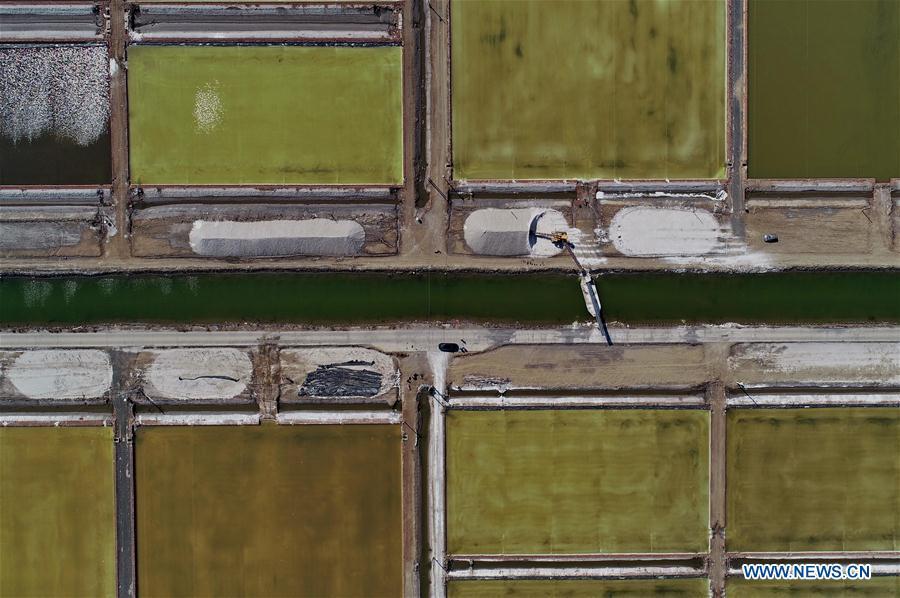 Aerial photo taken on April 22, 2019 shows crude salt is collected at the Daqinghe salt field in Tangshan City, north China\'s Hebei Province. Some 270,000 tons of salt is expected to be produced this spring at the Daqinghe salt field. (Xinhua/Yang Shiyao)