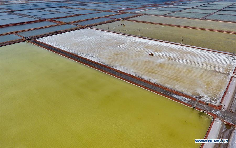 Aerial photo taken on April 22, 2019 shows crude salt is collected at the Daqinghe salt field in Tangshan City, north China\'s Hebei Province. Some 270,000 tons of salt is expected to be produced this spring at the Daqinghe salt field. (Xinhua/Yang Shiyao)