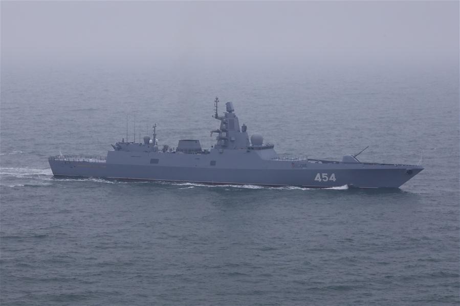 Aerial photo taken on April 23, 2019 shows Russian Navy frigate Admiral Gorshkov in the waters off Qingdao, east China\'s Shandong Province. (Xinhua/Ju Zhenhua)