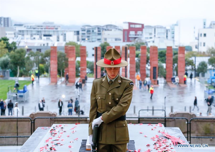 A soilder gestures during the ANZAC Day ceremony in Wellington, New Zealand, April 25, 2019. Anzac Day marks the April 25, 1915 landing of Australian and New Zealand troops at Gallipoli on the Turkish peninsula in an ill-fated WWI campaign against the German-backed Ottoman forces. More than 10,000 Australian and New Zealand servicemen died in the campaign, and while it failed in its military objectives, it gave rise to commemorations of the courage and close friendship that bind the two countries. (Xinhua/Guo Lei)
