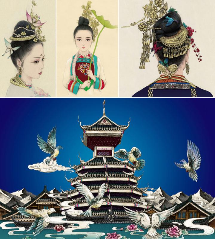 A composite of drawings by Lan Caisheng. (Photo/Xinhua)
A gallery of drawings capturing the culture of Miao and Dong ethnic groups in Zhaoxing Dong village, Liping county, Southwest China\'s Guizhou Province, has become a hit among locals and tourists.

The 28-year-old Lan Caisheng, a member of the Dong ethnic group, set up the gallery after returning to his hometown following graduation from university in 2015.

\