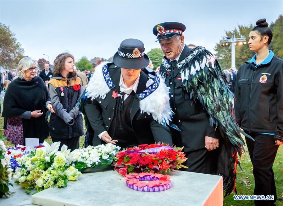 People attend ANZAC Day ceremony in Christchurch, New Zealand, April 25, 2019. Anzac Day marks the April 25, 1915 landing of Australian and New Zealand troops at Gallipoli on the Turkish peninsula in an ill-fated WWI campaign against the German-backed Ottoman forces. More than 10,000 Australian and New Zealand servicemen died in the campaign, and while it failed in its military objectives, it gave rise to commemorations of the courage and close friendship that bind the two countries. (Xinhua/Zhu Qiping)