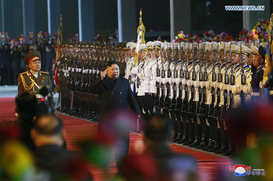 Photo provided by Korean Central News Agency (KCNA) shows top leader of the Democratic People\'s Republic of Korea (DPRK) Kim Jong Un attending a ceremony before leaving for Russia on a private train at dawn in Pyongyang, DPRK, on April 24, 2019. During the visit, which is at the invitation of Russian President Vladimir Putin, Kim will have talks with the Russian president, according to a KCNA report Tuesday. (Xinhua/KCNA)