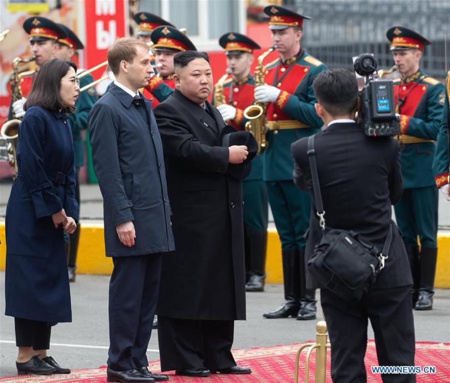Top leader of the Democratic People\'s Republic of Korea (DPRK) Kim Jong Un attends the welcome ceremony in Vladivostok, Russia, April 24, 2019. Kim Jong Un arrived here in his train on Wednesday for his first meeting with Russian President Vladimir Putin on Thursday. (Xinhua/Bai Xueqi)