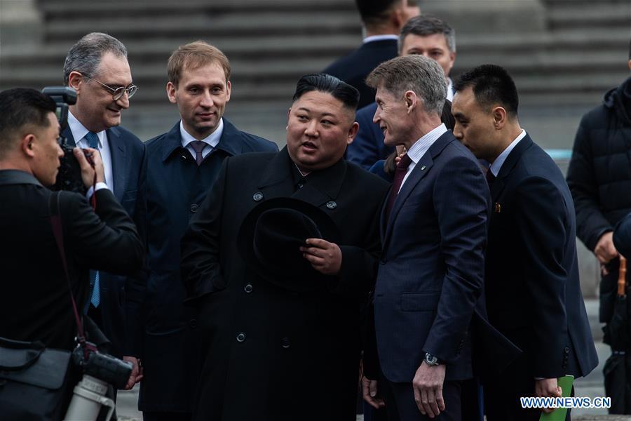 Top leader of the Democratic People\'s Republic of Korea (DPRK) Kim Jong Un attends the welcome ceremony in Vladivostok, Russia, April 24, 2019. Kim Jong Un arrived here in his train on Wednesday for his first meeting with Russian President Vladimir Putin on Thursday. (Xinhua/Bai Xueqi)