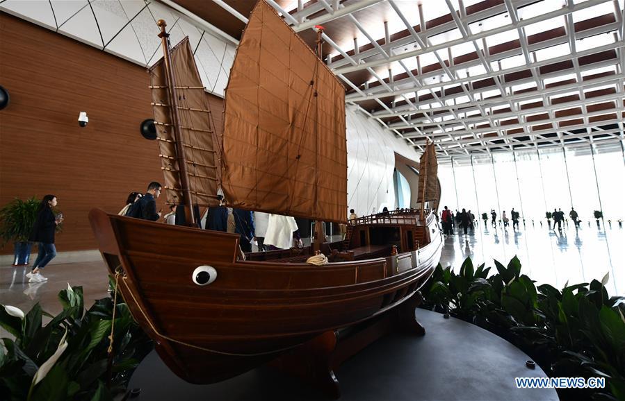 Photo taken on April 25, 2019 shows part of the inside view of the national maritime museum in Binhai New Area, north China\'s Tianjin. China\'s first national maritime museum has scheduled trial operation for May 1, local authorities said Thursday. Four exhibition halls, which focus on the themes of \