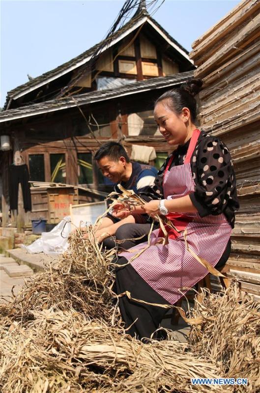 Wang Xingwu (L), a paper maker, tidies papermaking materials with his wife in Shiqiao Village of Danzhai County, southwest China\'s Guizhou Province, April 24, 2019. Wang Xingwu, 53, a national intangible cultural heritage inheritor in papermaking, learned the papermaking technique from his family as a child. Besides exerting the old papermaking technique to its full potential, Wang keeps raising product quality and improving the making procedure. With the involvement of plants in the papermaking process, he has created more than 160 kinds of patterned papers and paper crafts. He also develops a kind of handmade white paper more suitable for writing calligraphy and painting. (Xinhua/Huang Xiaohai)