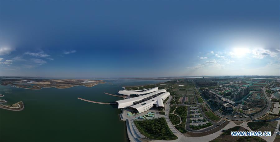 Aerial photo taken on April 25, 2019 shows the panoramic view of the national maritime museum in Binhai New Area, north China\'s Tianjin. China\'s first national maritime museum has scheduled trial operation for May 1, local authorities said Thursday. Four exhibition halls, which focus on the themes of \