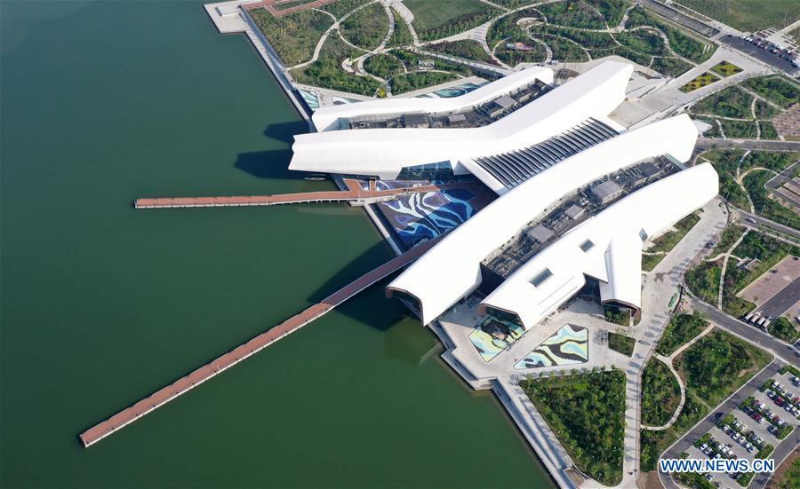 Aerial photo taken on April 25, 2019 shows the outside view of the national maritime museum in Binhai New Area, north China\'s Tianjin. China\'s first national maritime museum has scheduled trial operation for May 1, local authorities said Thursday. Four exhibition halls, which focus on the themes of \